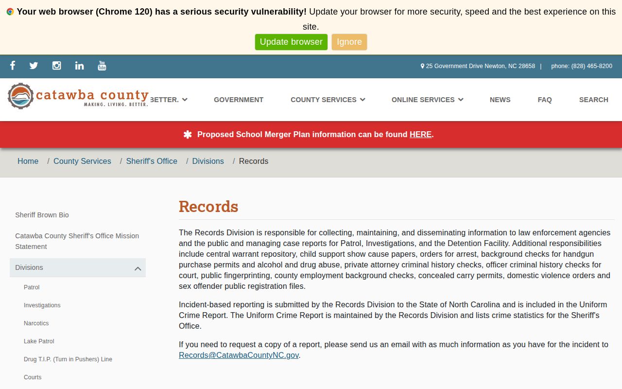 Catawba County released inmate Records Division request page