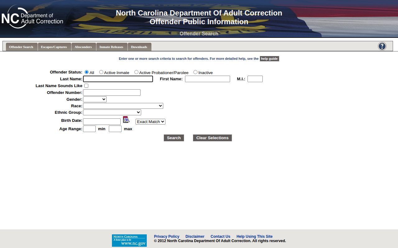 North Carolina DAC search form for Catawba County released state inmates